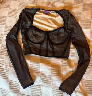 Edikted sheer lined flesh looking cropped corset blouse top small fit, fitted LS